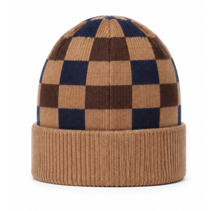 Bonnet en tricot à motif damier marron camel et bleu marine, chaud pour l'hiver, vente en gros - Product Image 1