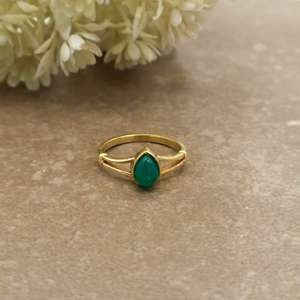 Boho Pear Green Onyx Brass <b>Ring</b> 14K Gold Plated <b>Split</b> Shank Minimalist Statement Unisex Engagement Jewelry - Product Image 1