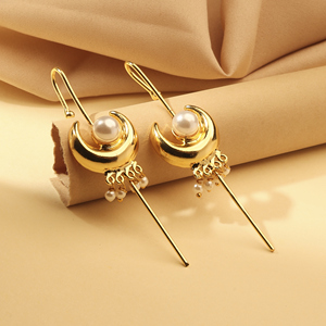 Luxury Gold Plated Brass Crescent <b>Moon</b> Pearl Ear Cuff for Women | Handcrafted Celestial Statement Designer Party Jewelry - Product Image 2