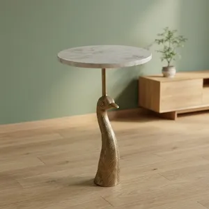 Modern Round <b>Marble</b> <b>Top</b> <b>Side</b> <b>Table</b> with Decorative Ostrich Metal Base Luxury Accent Furniture for Living Room Bedroom Decor - Product Image 3