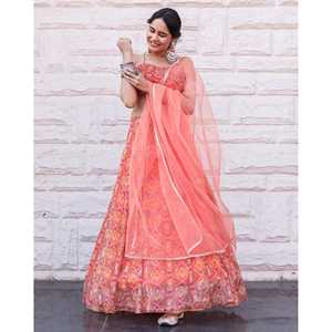 Ensemble Lehenga Choli en Chiffon Pur Rose Pêche à Motifs Floraux avec Dupatta, Impression Numérique, Taille XS, Idéal pour les Mariages - Product Image 4