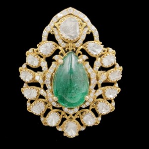 Pear Shaped Emerald Gemstone 14K Diamond <b>Ring</b> Polki Stone Double <b>Finger</b> <b>Ring</b> Trendy Top Grade Jewellery For Women - Product Image 1