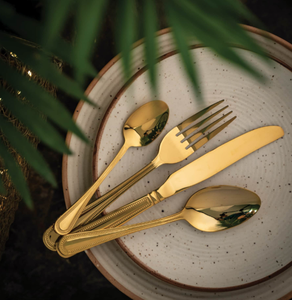 Juego de Cubiertos Premium con Borde de Cuentas Doradas, Cubiertos Metálicos Brillantes, Resistentes al Óxido, con Acabado Espejo - Product Image 1