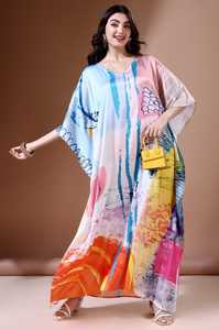New2026 Women's V Neck Silk <b>Kaftan</b> Dress With Random Print Bohemia Style Loose Fit Maxi Length <b>Summer</b> Daily Wear India Ethnic - Product Image 2