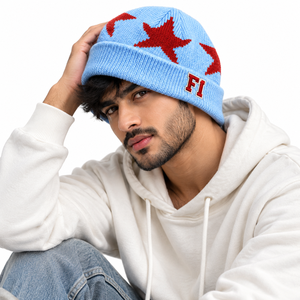 Bonnet en tricot à motif étoile de haute qualité pour hommes, bonnet d'hiver à revers, casquette en tricot côtelé extensible, chapeau personnalisé avec broderie, fournisseur B2B en gros - Product Image 3