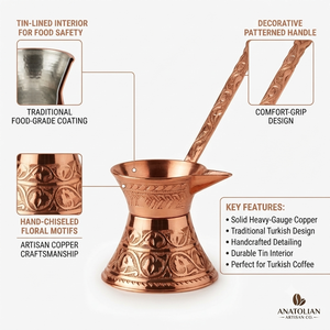 Cezve en cuivre pur fait main, style calice évasé, gravée, avec longue bec et poignée plate en métal gravé, pour café turc et Briki grec - Product Image 2