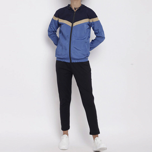 Ensemble de survêtement unisexe à capuche avec blocs de couleur, sweat-shirt et pantalon à fermeture éclair intégrale, en polyester respirant, style sportif décontracté pour le printemps - Product Image 1