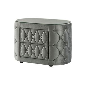 Table de chevet ovale luxueuse en peluche grise avec plateau en verre trempé de 8 mm et deux tiroirs de rangement arrondis - Product Image 2