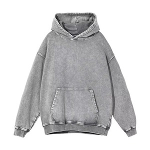 เสื้อฮู้ดดี้ฟอกสีสไตล์วินเทจสำหรับผู้ชาย สีน้ำเงิน ผ้าฝ้ายฟลีซหนานุ่ม ซักแบบ Mineral Wash เสื้อพูลโอเวอร์แนวสตรีทแวร์ เสื้อฮู้ดดี้แบบเรียบ - Product Image 6