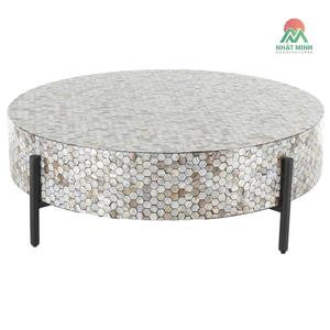 Mother of Pearl Shell Geometric Handmade Round Mosaic Inlay <b>Coffee</b> <b>Table</b> with Black Metal <b>Legs</b> - Product Image 1