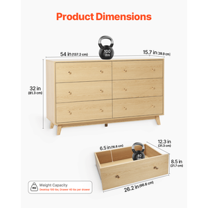 Commode moderne minimaliste en chêne à 6 tiroirs avec dispositif anti-basculement pour rangement de chambre à coucher - Product Image 3
