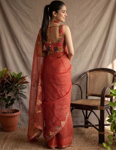 KV Women's Kota Doria <b>Red</b> Woven Design <b>Saree</b> With Unstitched Blouse - Product Image 2
