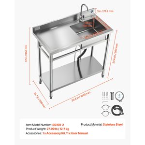Lavello Commerciale Monoblocco Autoportante in Acciaio Inossidabile per Cucina, Design Stile Rustico 39.4 X 19.7 X 37 Pollici - Product Image 1
