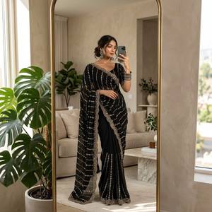 Designer Fandy Satin Fabric With Hand Embroidery Cut Dana Sequence Work Lehariya And Border In All Over <b>Saree</b> With Blouse - Product Image 2