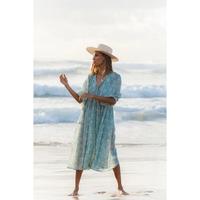 Robe longue Kyra pour femme, 100% coton, vert jade clair, lavable, respirante, confortable, style décontracté moderne, col en V, manches bouffantes
