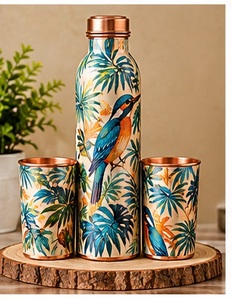Juego de Botella de Agua de Cobre con Diseño Floral Azul Vintage, con 2 Tazas, Termo Metálico Portátil para Viajes - Product Image 3
