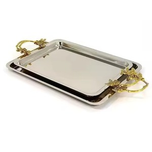Plateau de service rectangulaire tendance en acier inoxydable avec poignées en cuir, design minimaliste, plat de service durable en métal - Product Image 6
