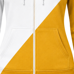 Sweat-shirt à capuche zippé intégral pour femme, personnalisé, blanc et or, à deux empiècements, color block, manches longues, style universitaire décontracté - Product Image 6
