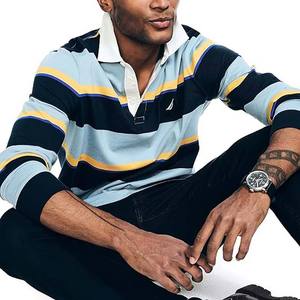 Men's Long Sleeve Striped Polo Shirt Full Sleeve Cotton Regular Fit Button Closure <b>Light</b> Blue Navy Yellow Stripes - Product Image 4