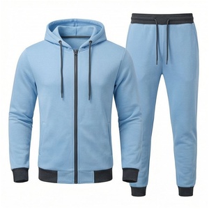 Ensemble de survêtement bleu clair à capuche pour homme, manches longues, fermeture éclair sur le devant, couleur unie, respirant, décontracté, pour l'automne, coupe classique - Product Image 1