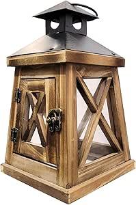 Farol de Madera Rústico, Portavelas Decorativo Estilo Granja con Tapa de Metal y Paneles de Vidrio - Product Image 1