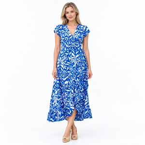 Vestido midi de verano para mujer, azul con estampado floral, cuello en V, manga casquillo, línea A, con volantes en el bajo, estilo casual. - Product Image 1