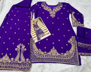 Ensemble Sharara brodé prêt-à-porter, en mousseline de soie, pour femme, imprimé feuille d'aluminium, séchage rapide - Product Image 3