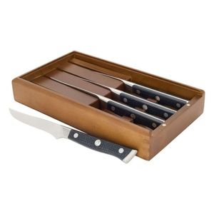 Ensemble de 4 couteaux à steak à manche noir avec lames pointues argentées et triple rivets, dans un plateau de rangement en bois brun pour les repas à la maison - Product Image 5