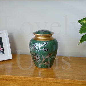 Turquoise flowers cremation urn adult medium <b>keepsake</b> memorial <b>ashes</b> container decorative floral design - Product Image 3