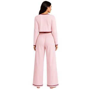 Ensemble de pyjama court pour femme, rose clair et bordeaux, manches longues, broderie florale, en coton doux tricoté, vêtements de détente, OEM - Product Image 2