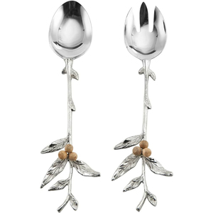 Ensemble de serveurs à salade en acier inoxydable avec poignée en laiton faite à la main, design feuille, finition or et argent, ustensiles de service élégants pour la maison et les événements - Product Image 3