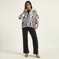 Jaket Bordir Suzani Putih Motif Bunga untuk Wanita, Model Terbuka di Depan, Gaya Boho, Mantel Katun Buatan Tangan, Kerah Lipat Gaya Prairie Chic