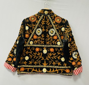 Suzani Fabric Velvet Bomber Jacket Floral Pattern Stand Collar Open <b>Stitch</b> Closure Handmade Embroidery Cotton Lining Party Wear - Product Image 3