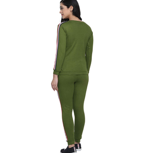 Conjunto Deportivo Verde Oliva para Mujer, Manga Larga, Cuello Redondo, Color Sólido, Transpirable, Algodón con Spandex, Estilo Casual, Ajustado, para Otoño - Product Image 3