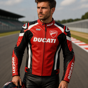 Blouson de course en cuir unisexe Ducati 220g, imprimé par transfert thermique, manches longues, coupe-vent, rouge, noir, blanc, logo avant - Product Image 1