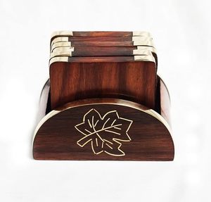 Handmade Wooden Coaster <b>Set</b> with Holder Brass Inlay <b>Square</b> Drink Coasters Rustic Table Decor Gift <b>Set</b> of 6 - Product Image 3