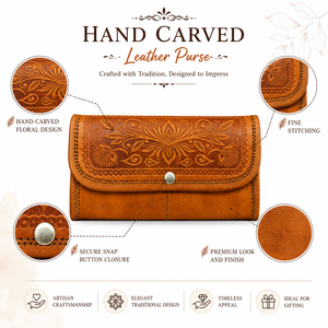 Cartera y Bolso de Mano de Cuero Genuino Tallado a Mano con Diseño Floral en Relieve, Cierre Abierto y Detalle de Botón - Product Image 6