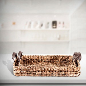 Plateau de rangement en rotin rectangulaire de style bohème avec poignées en cuir, organisateur durable en fibres végétales pour le salon - Product Image 5