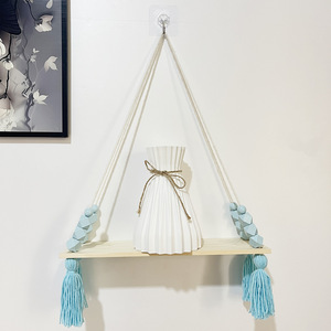 Bohemian <b>Wooden</b> Single Tier Wall Shelf Hanging Rope Pink Beaded Tassel <b>Decor</b> Storage Rack for Living Room <b>Nursery</b> - Product Image 6