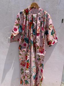 Bata de Baño Kimono de Algodón Floral para Mujer, Hecha a Mano con Estampado de Bloques, Estilo Boho, para Verano, Spa y Descanso, Regalo - Product Image 3