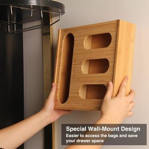 Eco Bamboo Ziplock Bag Storage <b>Organizer</b> Box for <b>Drawer</b> Wall Mount 4 Compartment Food Bag Dispenser Gallon Quart Sandwich - Product Image 4