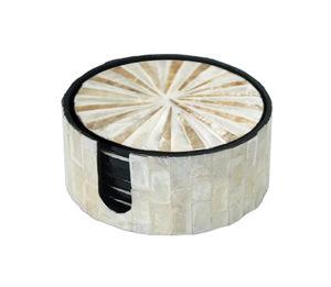 Handcrafted Round Mother of Pearl Inlay Coaster Set with <b>Matching</b> Storage <b>Box</b> Elegant Shell Drink Coasters for Coffee Table - Product Image 1