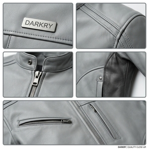 Factory Mens Slate Grey Leather <b>Cafe</b> <b>Racer</b> <b>Jacket</b> Chest Zip Pocket Contrast Side Panel Racing Sleeve Custom OEM Supplier - Product Image 6
