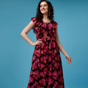 เดรสยาวพิมพ์ลายดอกไม้สีแดงเข้มของผู้หญิงผ้าจอร์เจ็ตผ้าเครปขนาด M L XL XXL ขายส่ง - Product Image 1