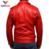 Veste de motard en cuir rouge pour homme, style CAFE RACER, coupe slim vintage avec ceinture et poches zippées