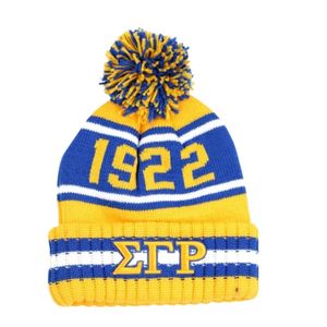 Gorro de Invierno Personalizado de la Hermandad Sigma Gamma Rho, Dorado y Azul, con Letras Griegas Bordadas de 1922, con Pompón, Tejido, Cálido y con Borde - Product Image 1