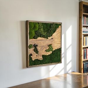 Handmade Wooden Moss Landscape Art <b>Square</b> Rustic Wall Decor Dark Brown <b>Frame</b> Green Foliage Design Home Decoration - Product Image 3