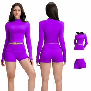 Solid Blue Yoga Set Crew Neck <b>Lace</b> Breathable <b>Elastic</b> Waist Crop High Waist Shorts 2 Piece Activewear Women's Fitness - Product Image 6