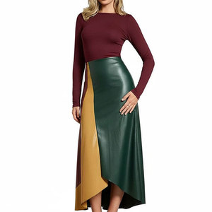 High Waist Women's Faux Leather Asymmetrical Color Blocked Floor-Length <b>Skirt</b> Shiny Design All Seasons Wear - Product Image 2