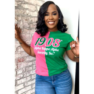 T-shirt en chenille Half Half 1908, design bicolore vert et rose, lettres brodées, vêtements de sororité, coton, vie universitaire grecque - Product Image 4